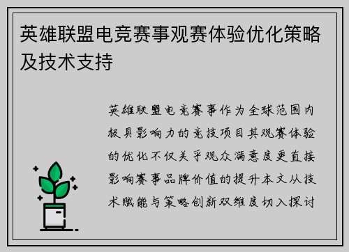英雄联盟电竞赛事观赛体验优化策略及技术支持